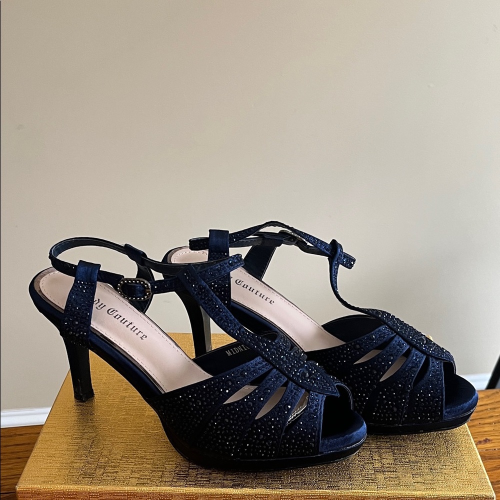 Navy Blue Evening T-Strap Heels by